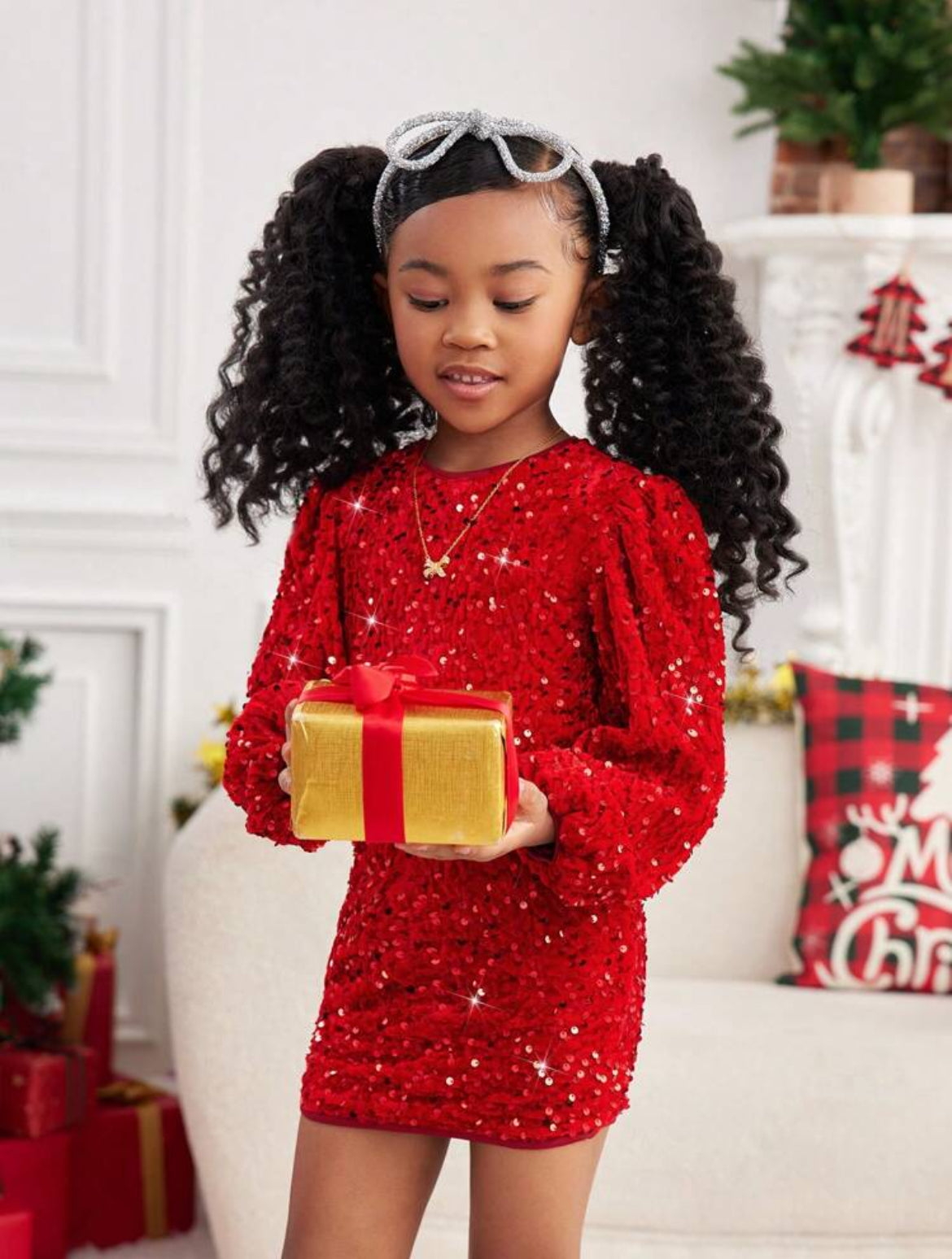 “My Family & Me” Little Girls Velvet Sequin Embroidery, Woven Round Neck, Puff Sleeve, Fitted, Zipper, Elegant Dress