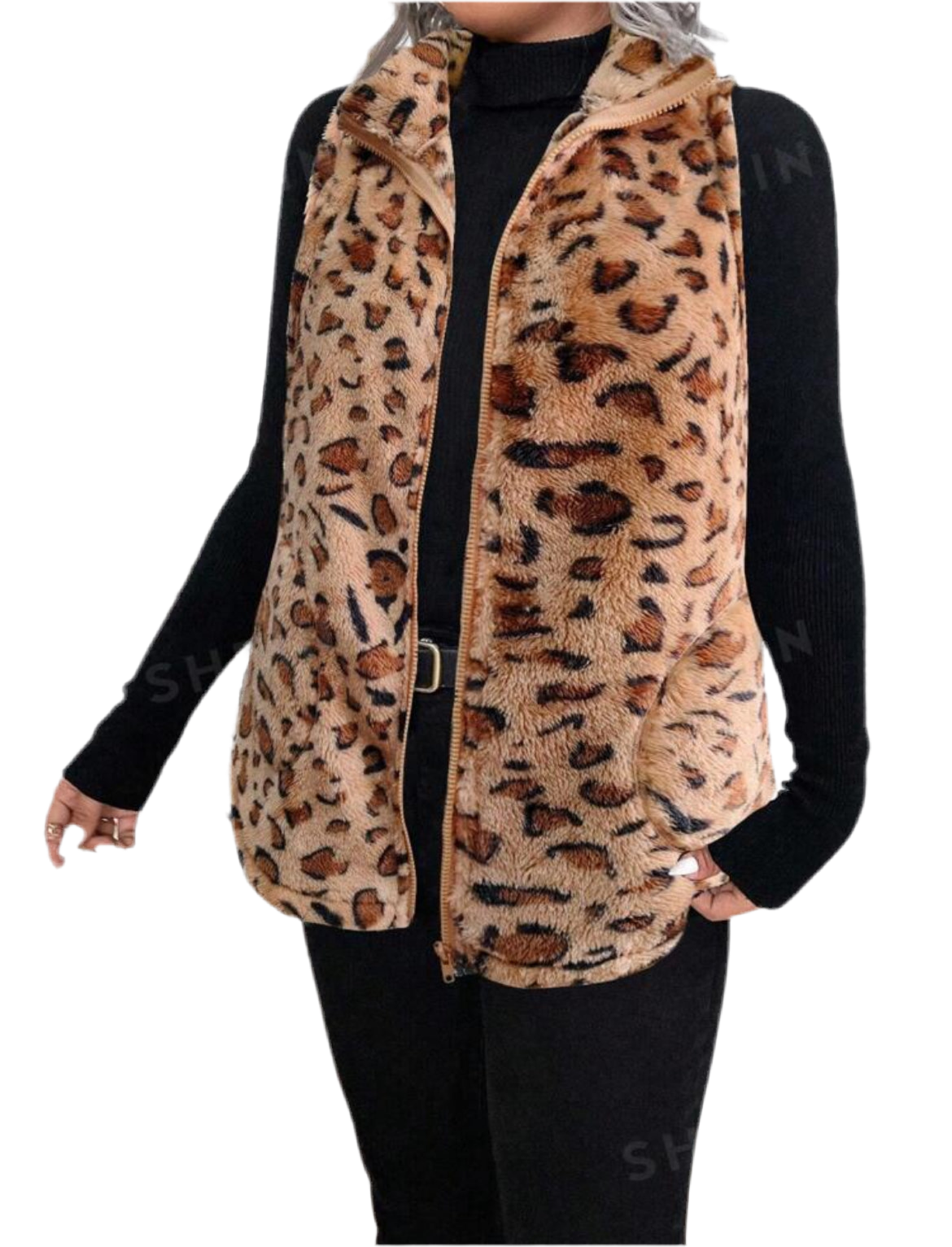 “Chic Leopard” Sleeveless Leopard Faux Fur, Front Zip, Warm