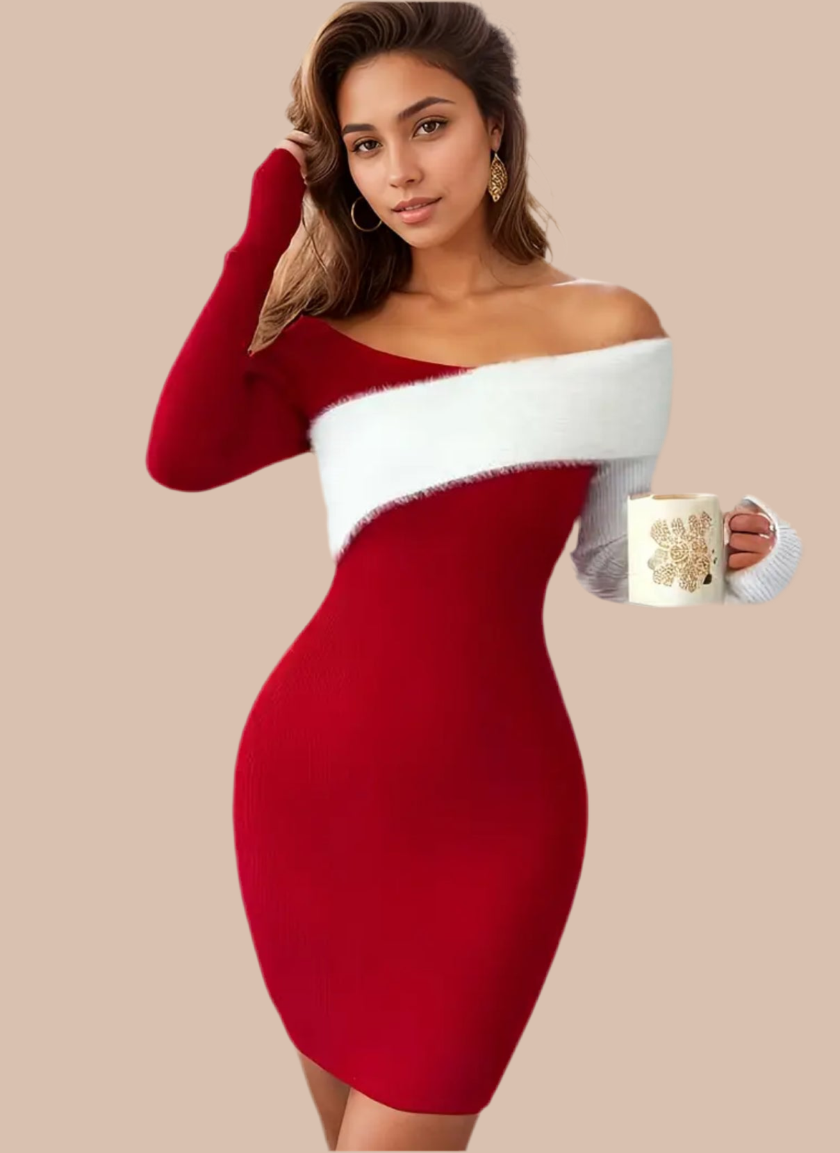 1pc Elegant “Santa Baby” Off-The-Shoulder, Faux Fur Trim, Sweater Dress