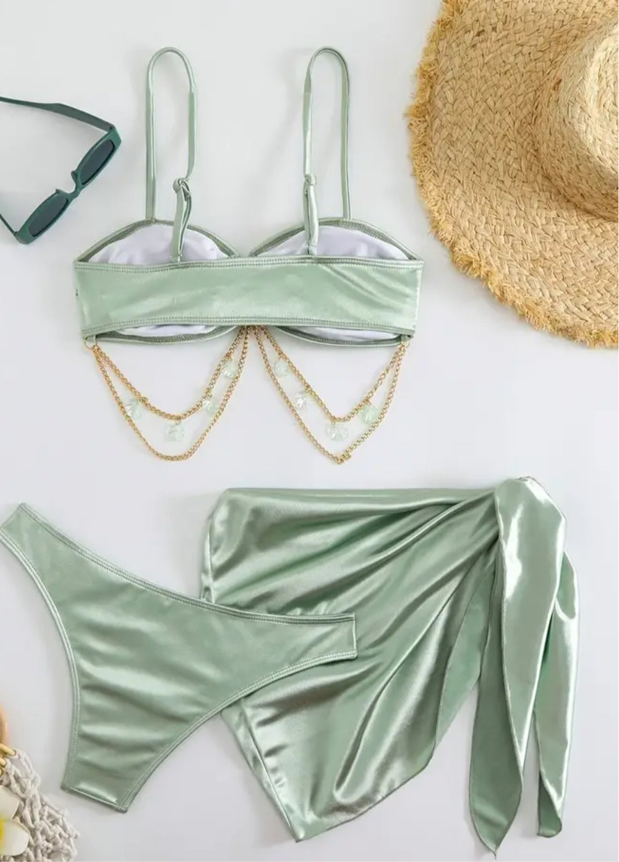 ‘Satin Jade’ Tie-Back Bikini Set with Pendant, 3pcs High-Cut Swimsuit