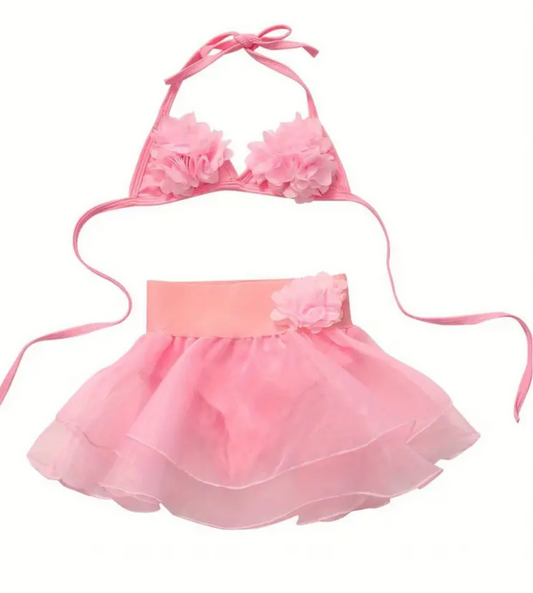 Little Girls Floral Top + Tutu Skirt, 2Pcs Baby Summer Swimwear