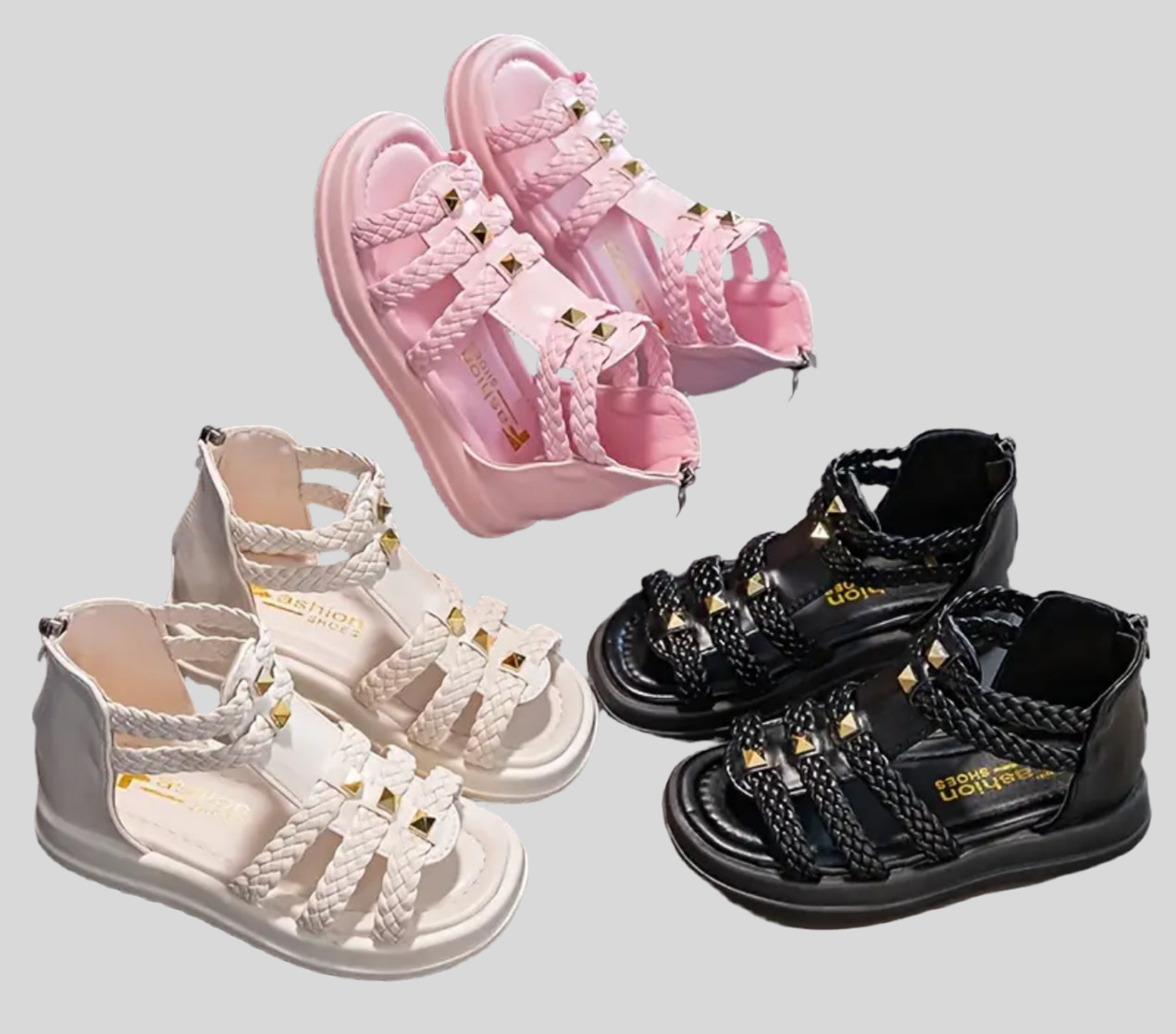 “Braids & Brass” Open Toe Sandals With Zipper, Non-Slip