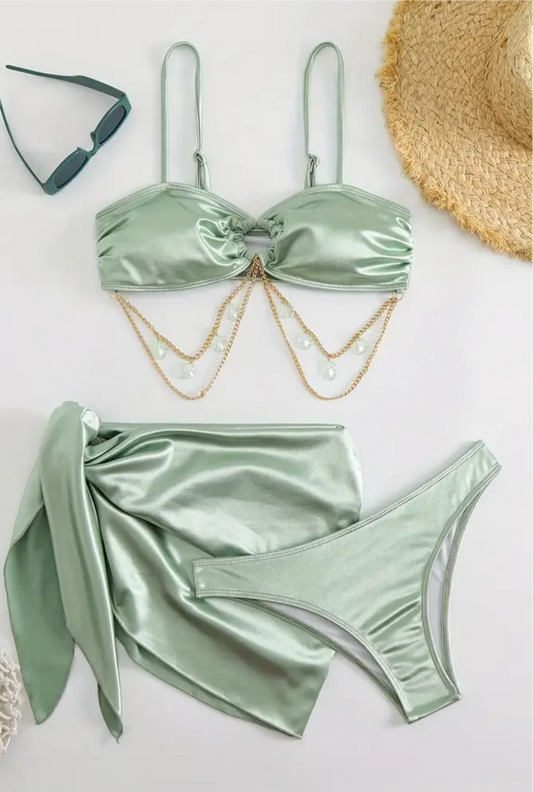 ‘Satin Jade’ Tie-Back Bikini Set with Pendant, 3pcs High-Cut Swimsuit