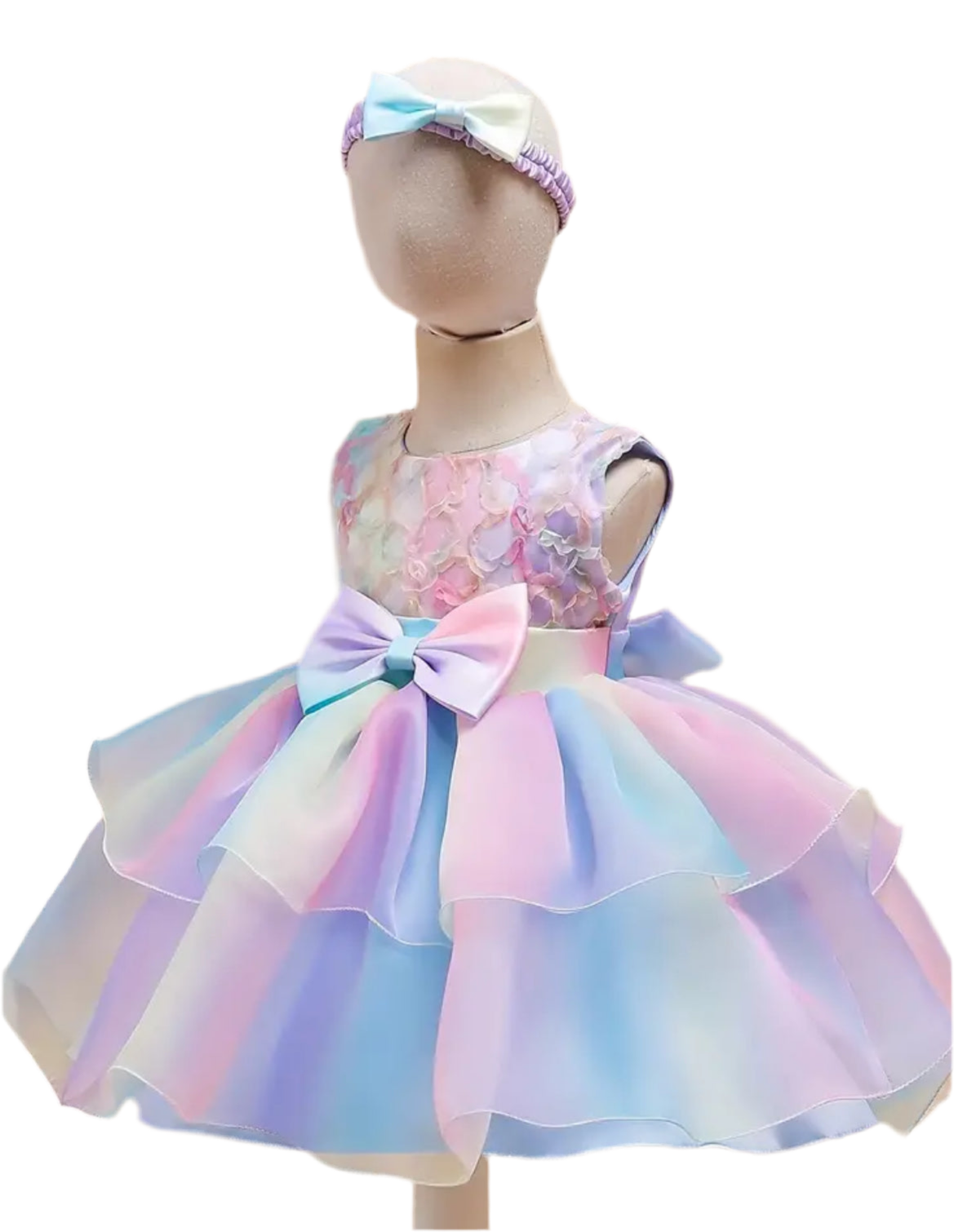 “Rainbow” Fancy Sleeveless Gradient Puffy Bowknot Dress + Headband