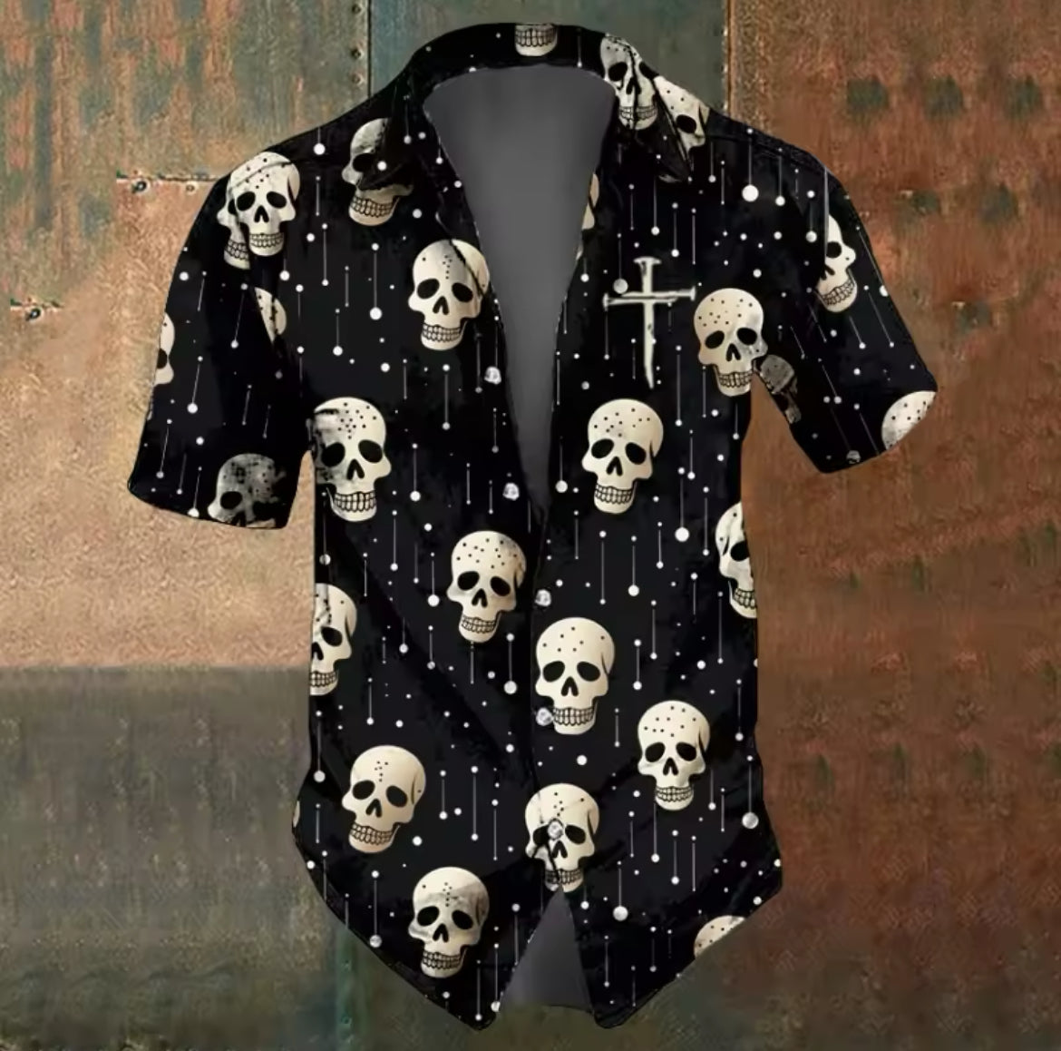 Fashion Horror Skull Cross Print Street, Short Sleeve, Men’s Dress Shirts , XS-5XL