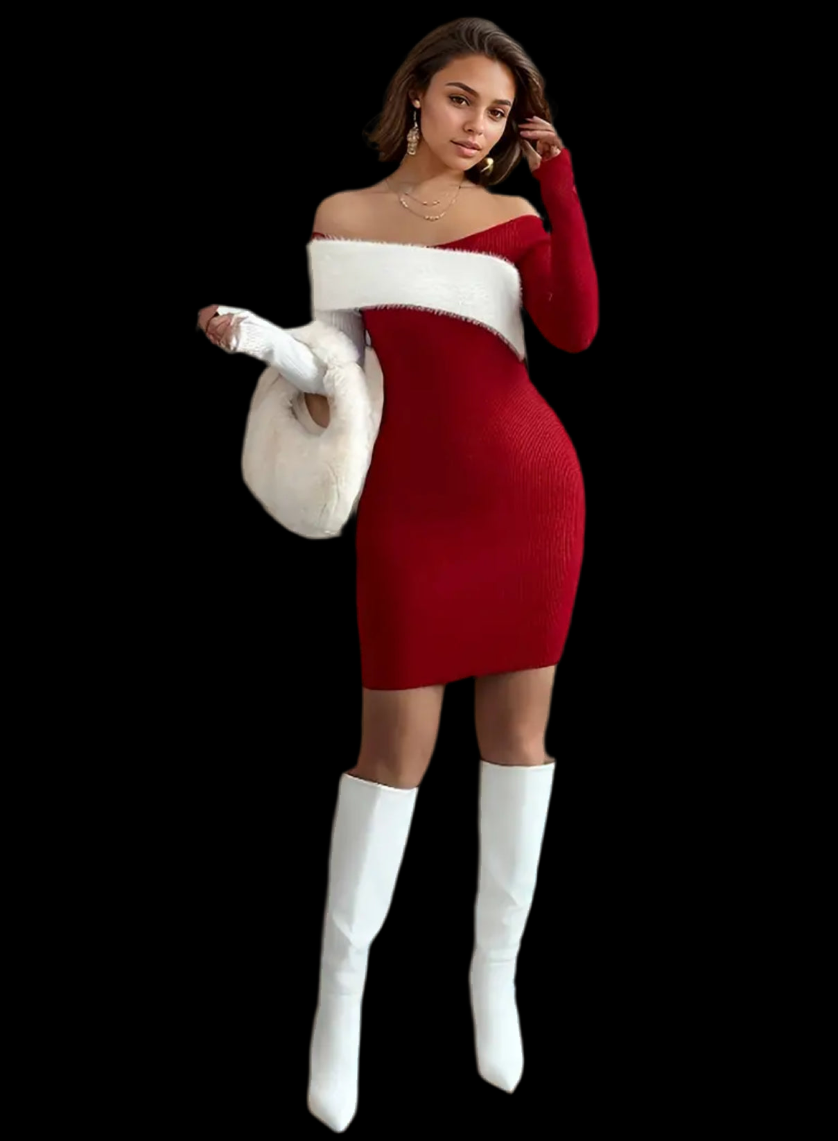 1pc Elegant “Santa Baby” Off-The-Shoulder, Faux Fur Trim, Sweater Dress