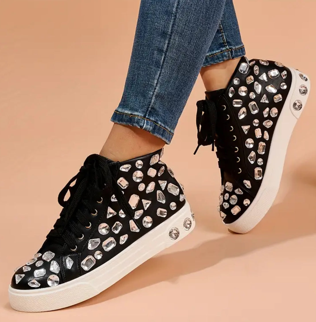 Zapatillas altas con cordones y decoración de diamantes de imitación para mujer