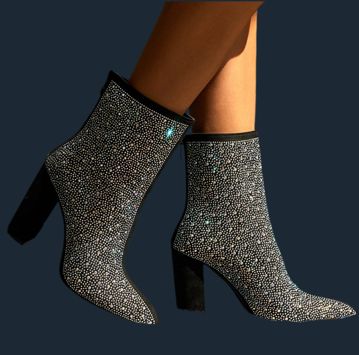 Full Rhinestone Back Zipper Thick High Heeled Mid Tube Short, Women / Teen