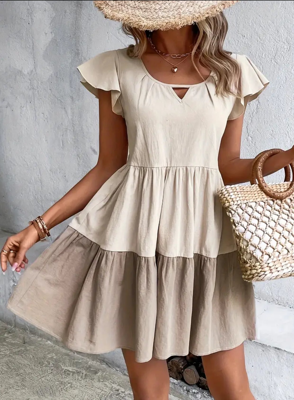 Color Block Ruffle Hem Dress, Earth Tones