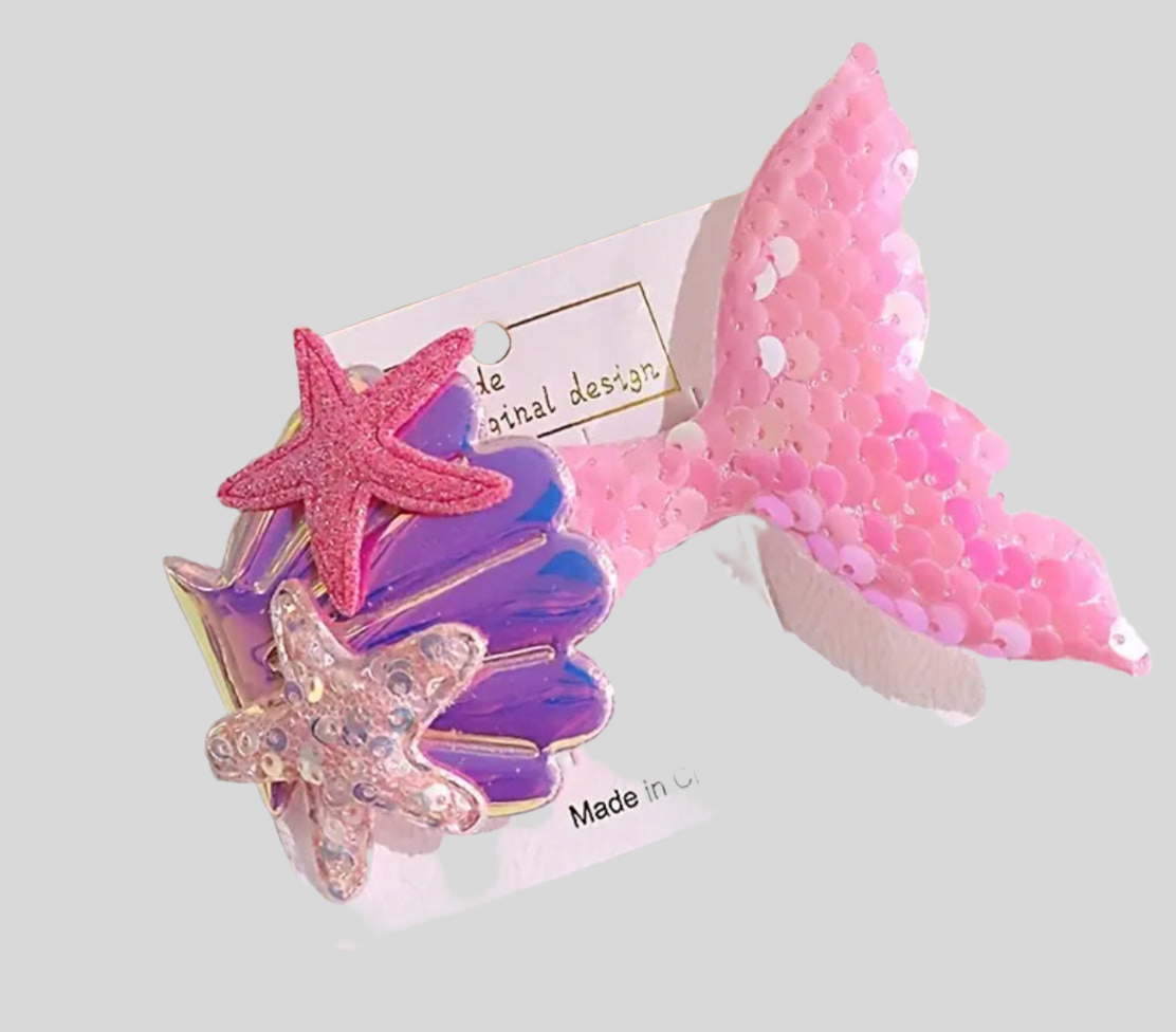 Pinza para el pelo con forma de estrella de mar y lentejuelas con forma de cola de sirena para niña, accesorios para el pelo