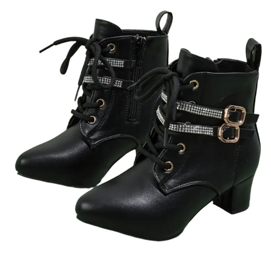 Trendy, Buckle Decor, High-heeled Boots, Side Zipper, Rhinestone Embellishment, Youth