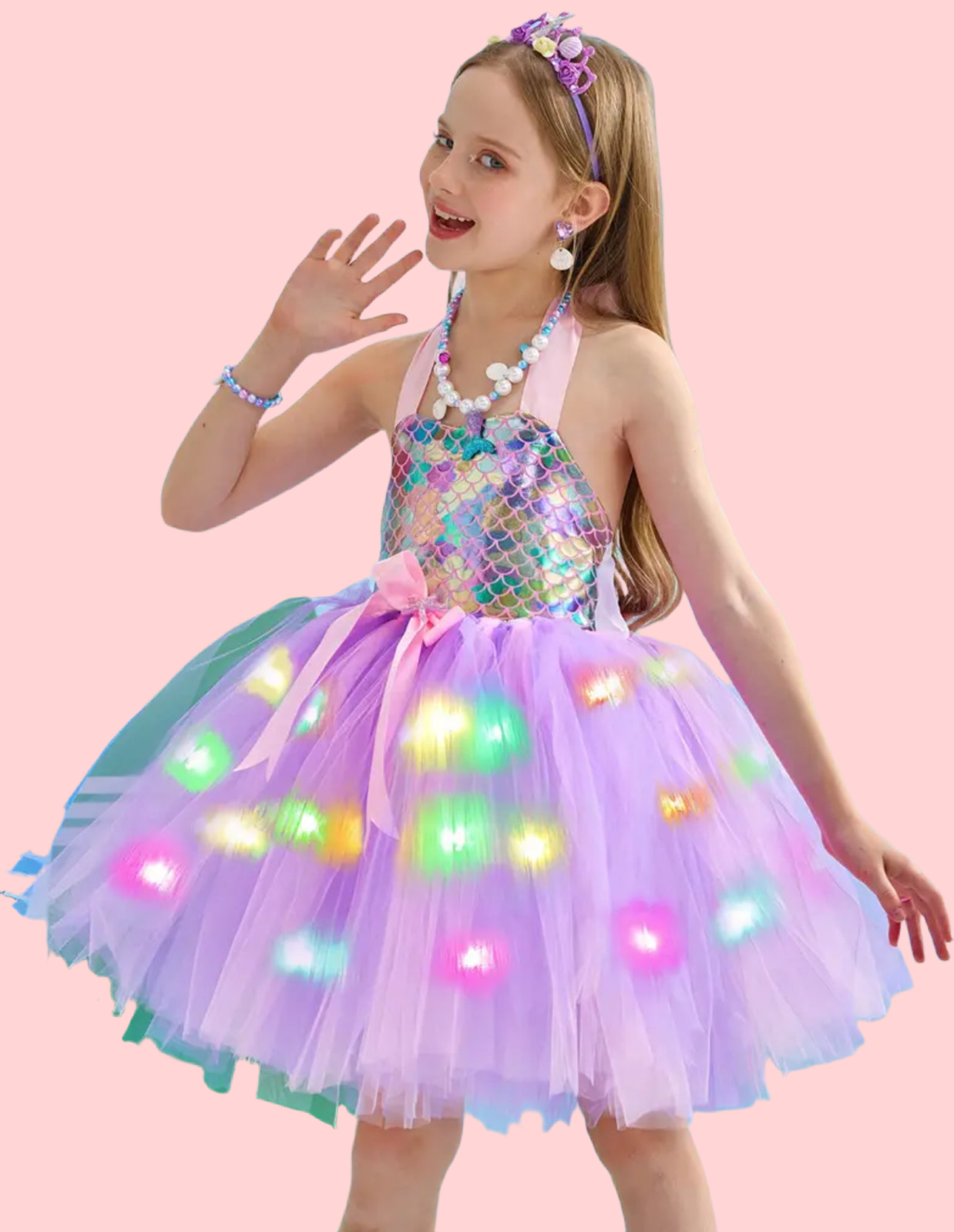 Vestido de sirena con luces LED para niñas y diadema