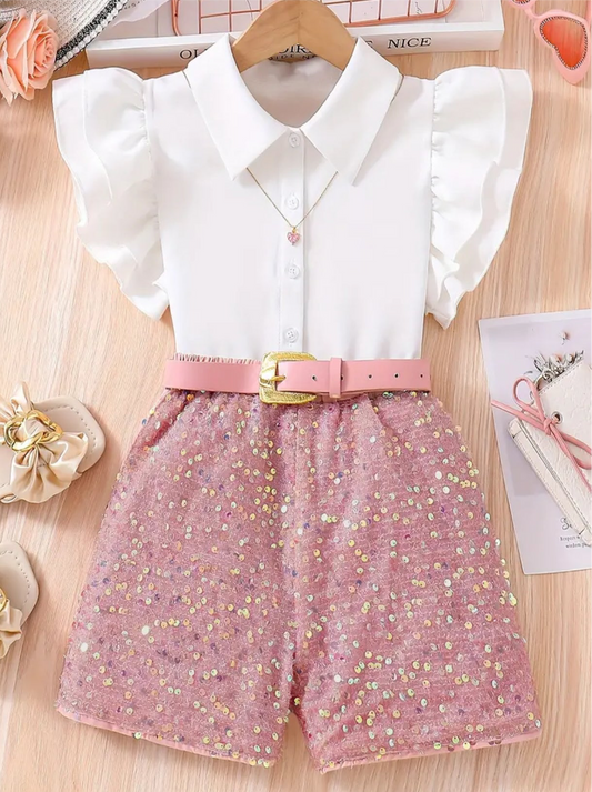 Flouncy Ruffle Sleeve Shirt Top + Sparkly Sequined Shorts Set 🌸🌷