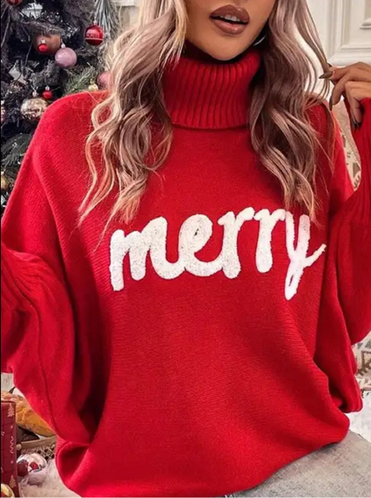 “Merry” Long Sleeve Turtleneck Merry Letter Embroidery Chunky Knit Sweatshirt Casual Loose Pullover