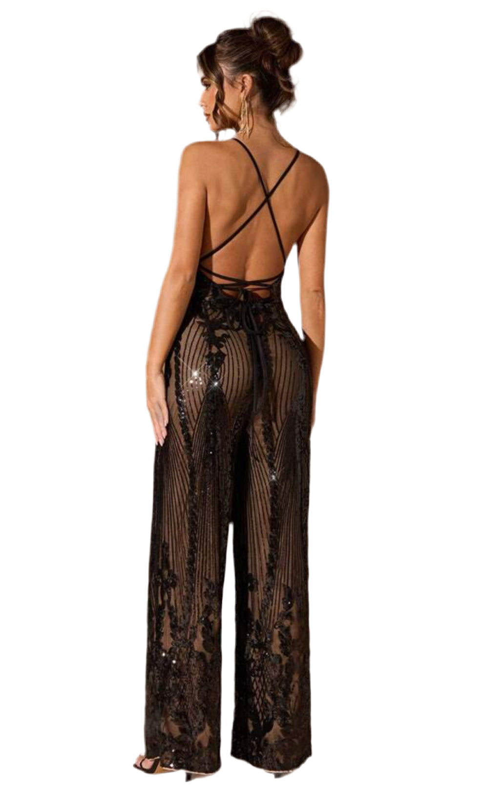 “Genevieve” Crisscross Lace Up Backless Sequin Cami Jumpsuit