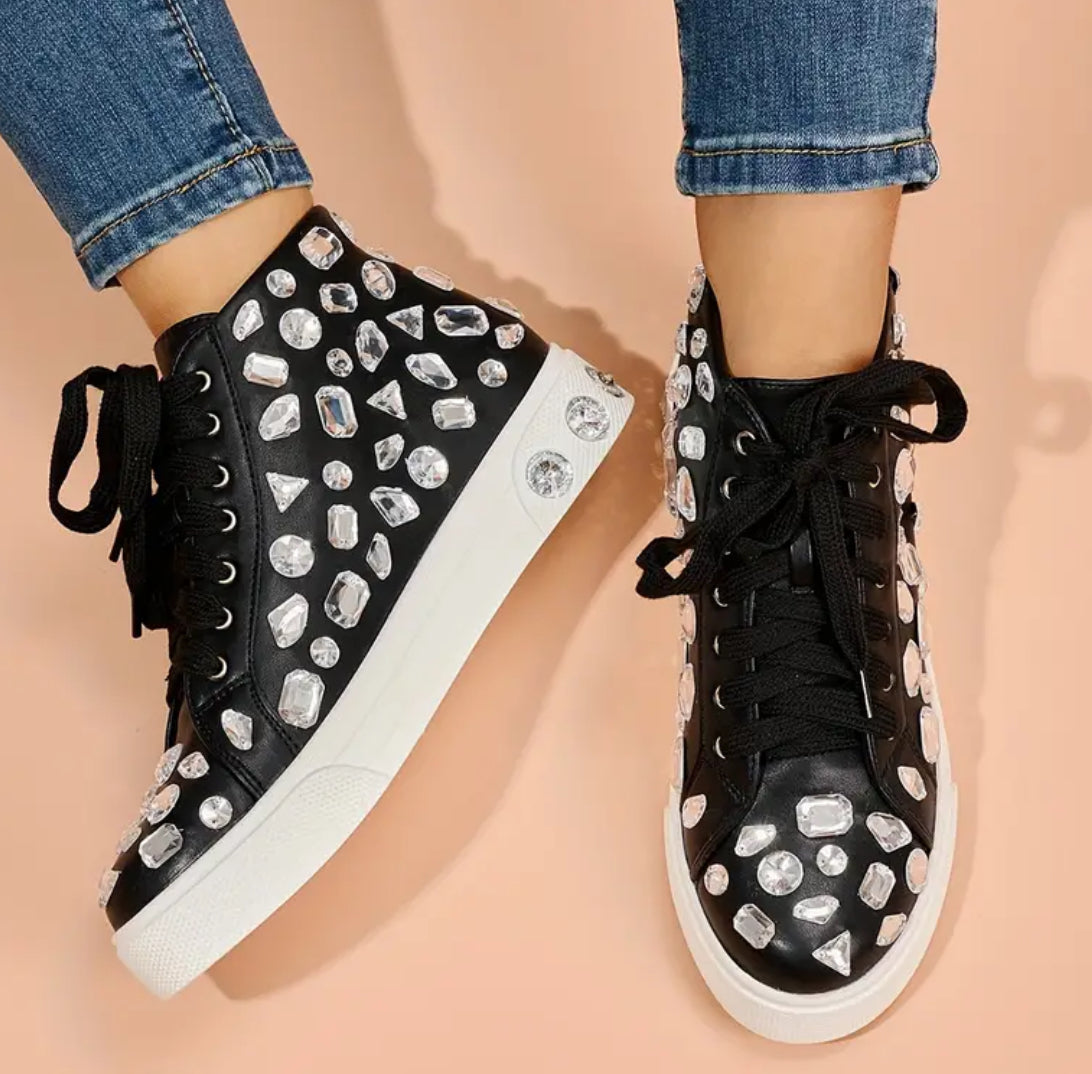 Zapatillas altas con cordones y decoración de diamantes de imitación para mujer