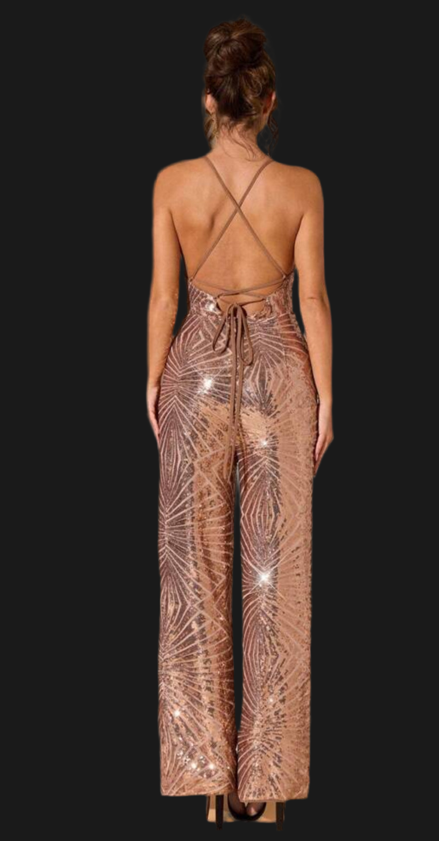 “Genevieve” Crisscross Lace Up Backless Sequin Cami Jumpsuit