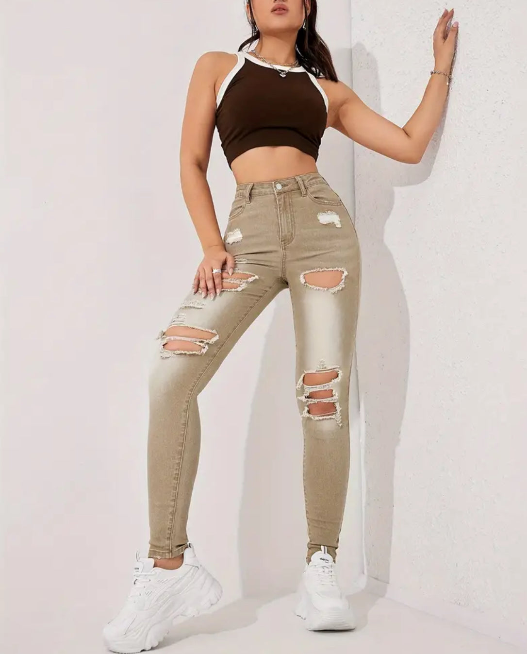 Distressed Ripped Washed Skinny Fit Retro Style Denim Jeans