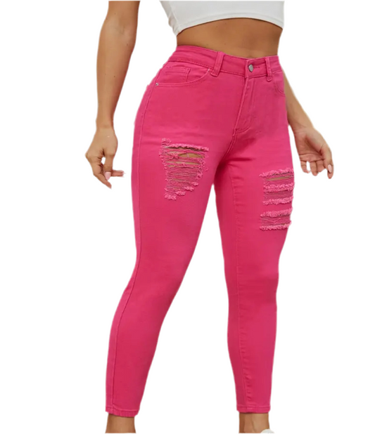 Jeans desgastados, rotos y de color magenta intenso para mujer, tiro alto y elasticidad media