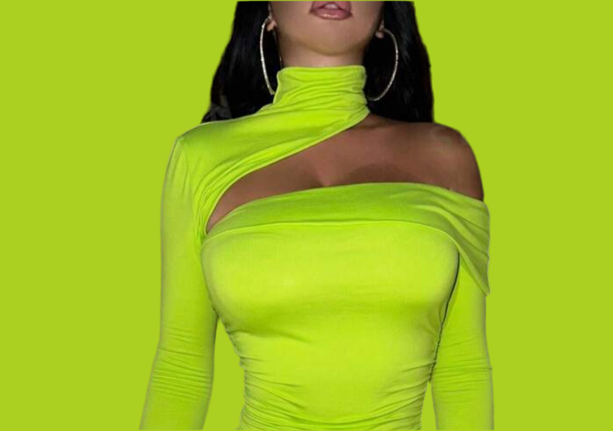 “Neon U” Long Sleeve, Ruched Bodycon Dress, Cut Out Shoulder