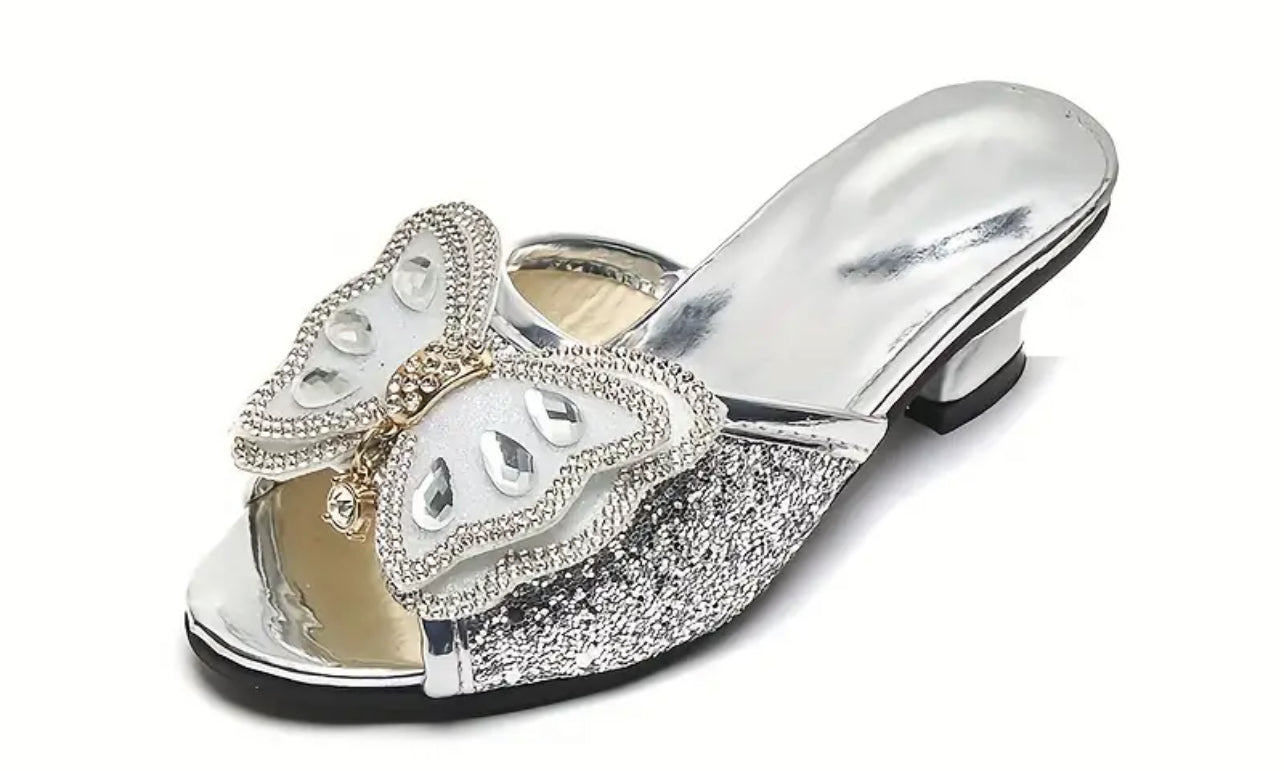 Lindos zapatos de tacón alto sin cordones con mariposas y diamantes de imitación brillantes para niñas