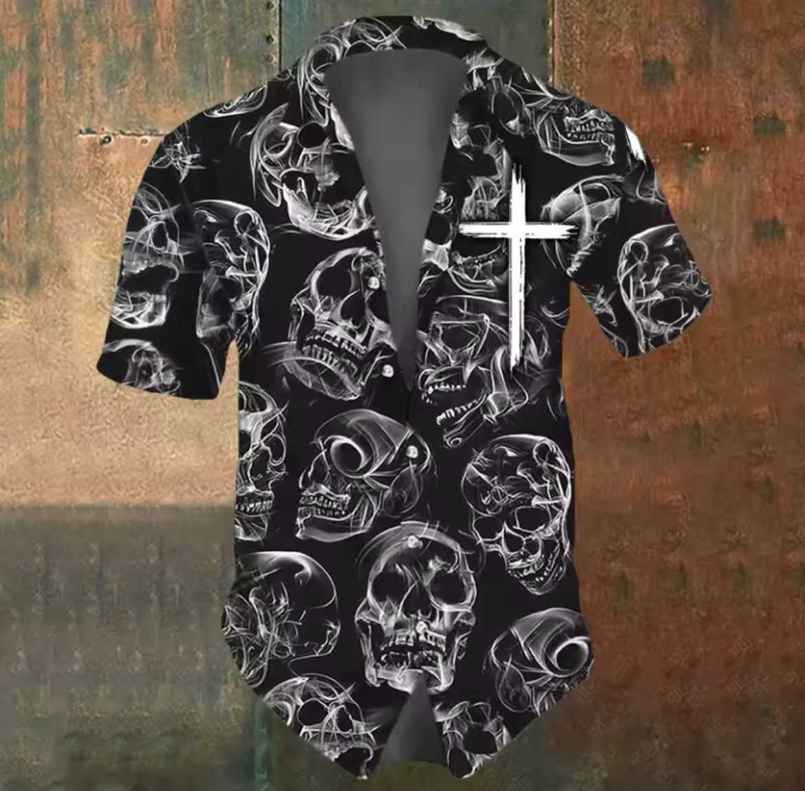 Fashion Horror Skull Cross Print Street, Short Sleeve, Men’s Dress Shirts , XS-5XL