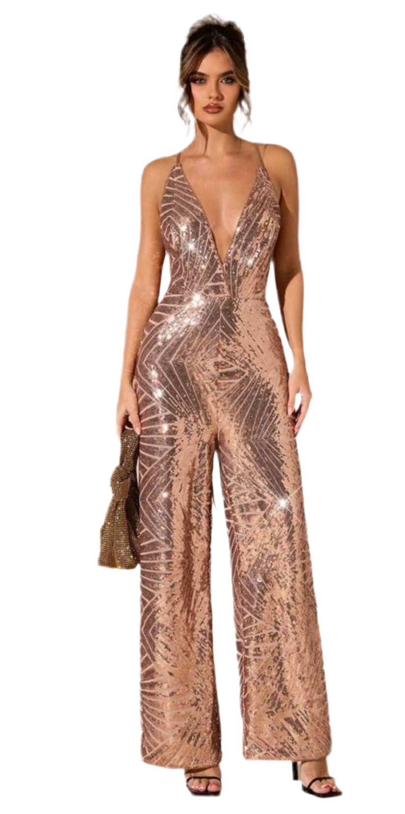 “Genevieve” Crisscross Lace Up Backless Sequin Cami Jumpsuit