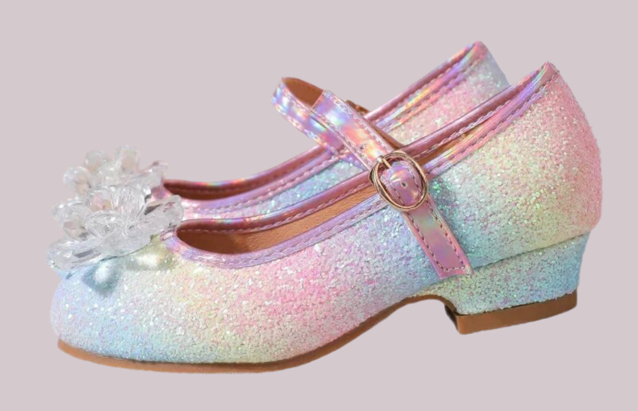 “Princess Ice Rainbow” Girls Rhinestones, Low Heel