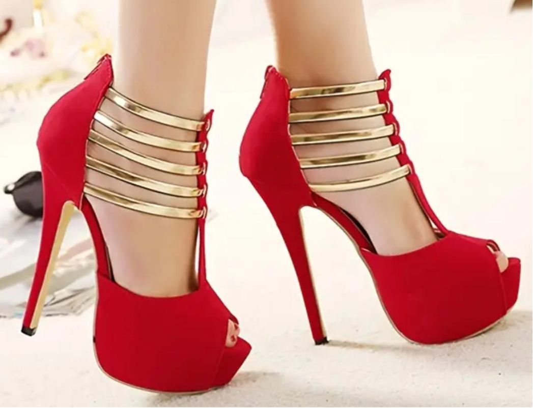 “Gold” Sexy Stiletto Ankle Strap High Heels - T-Strap, Peep Toe, Platform