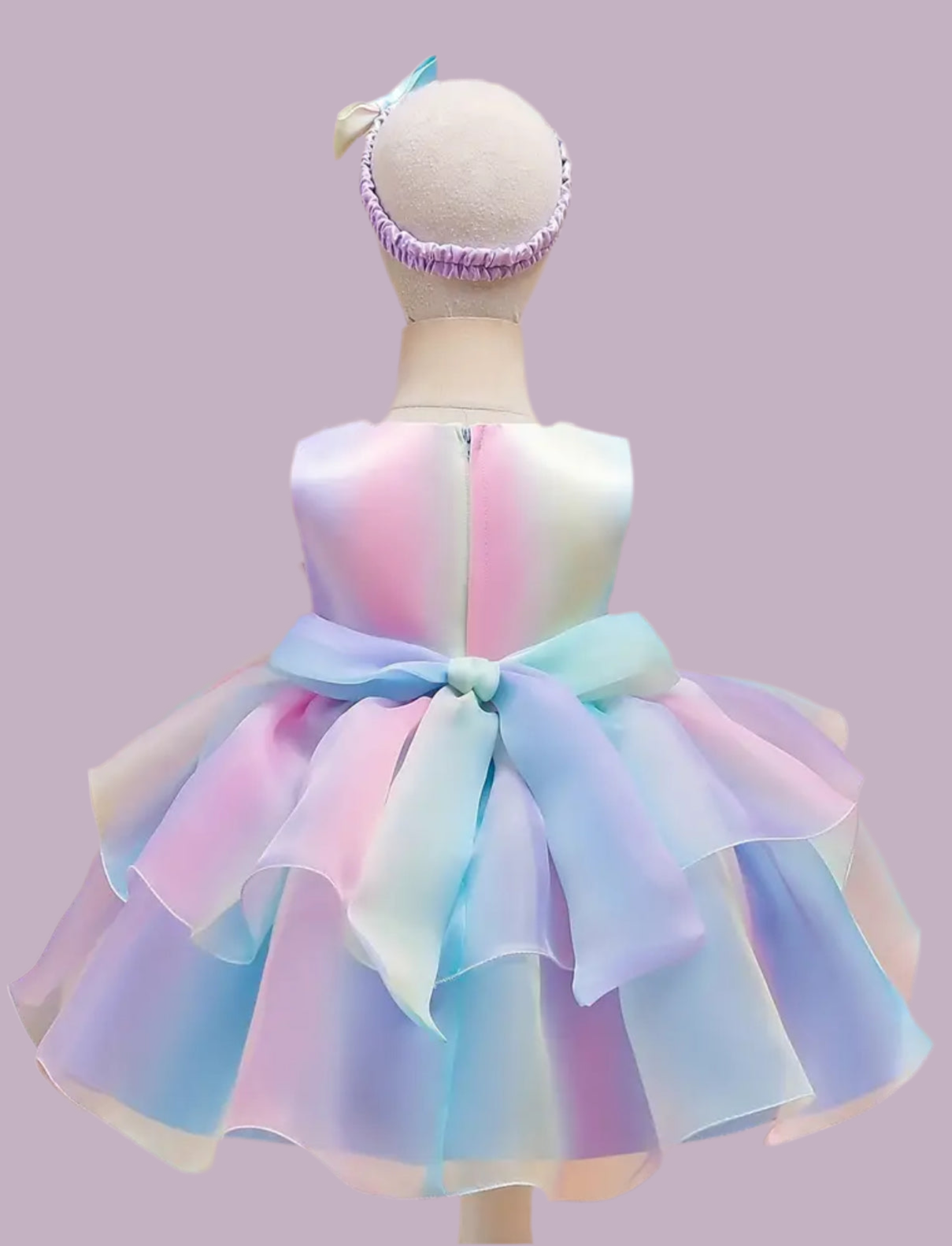 “Rainbow” Fancy Sleeveless Gradient Puffy Bowknot Dress + Headband