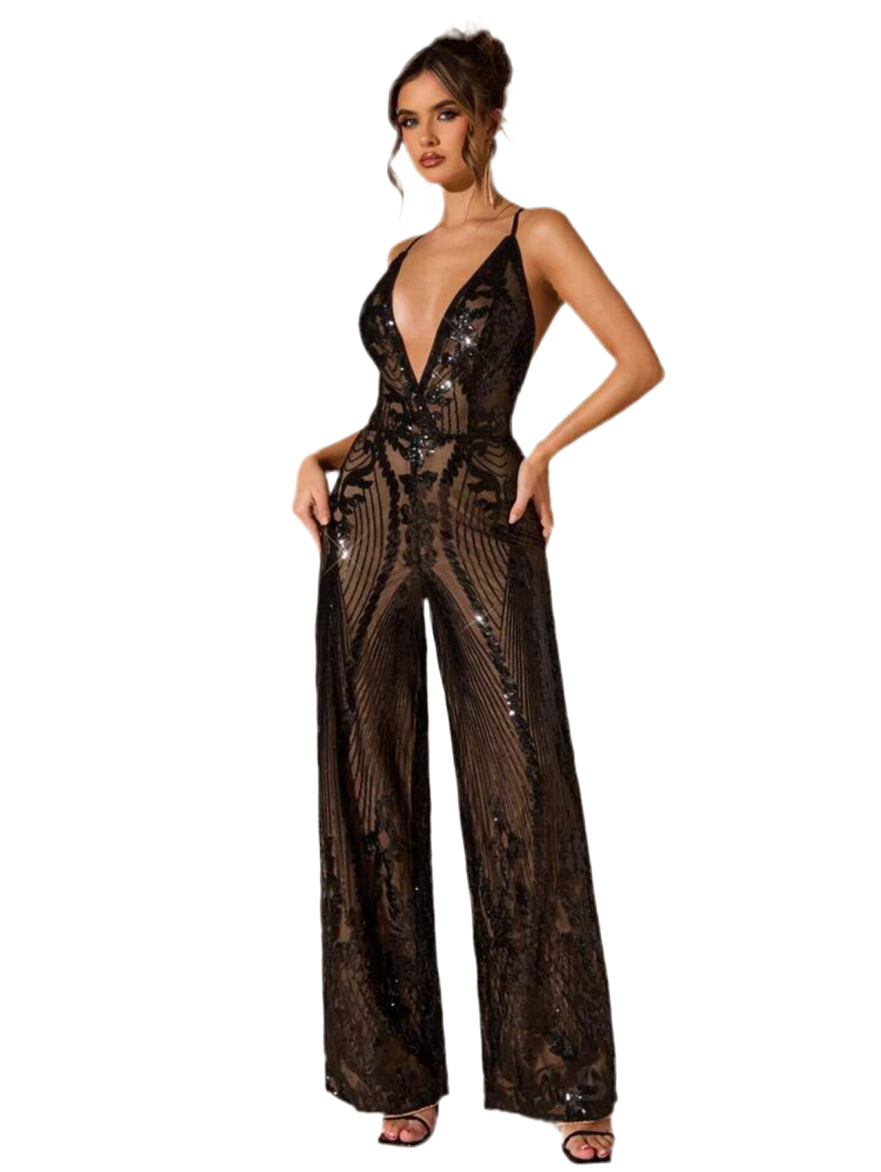 “Genevieve” Crisscross Lace Up Backless Sequin Cami Jumpsuit