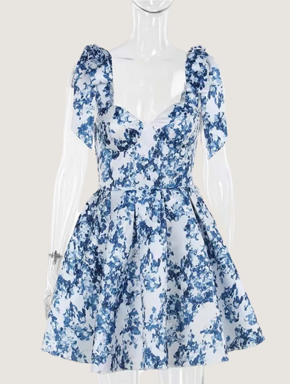 Elegante vestido mini de corte A con hombros descubiertos y cordones “Blue Floral”