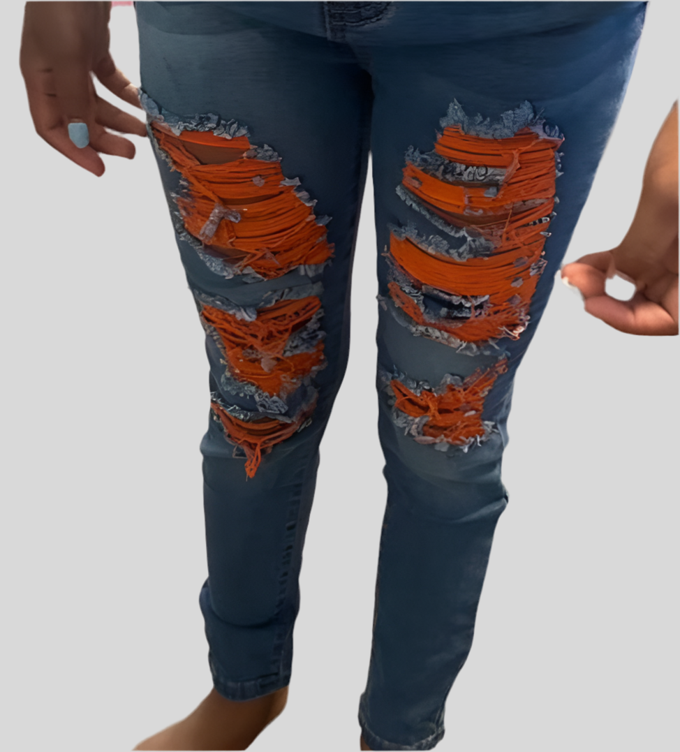 Distressed Ripped Denim Skinny Jeans With Slanted Pocket Neon Orange Modish Kids Boutique