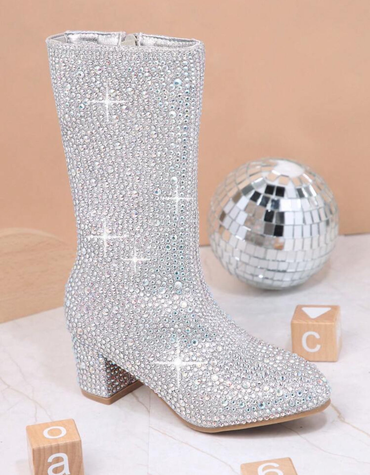 Botas de tacón grueso con cremallera lateral y diamantes de imitación para niñas