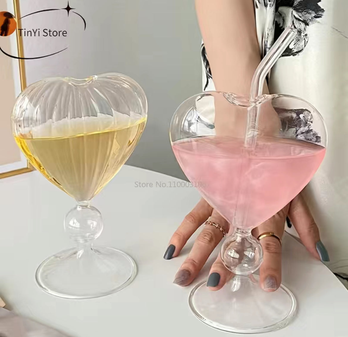 1pc, Heart Shaped Cocktail, Wine, Champagne Glass, Clear or Striped