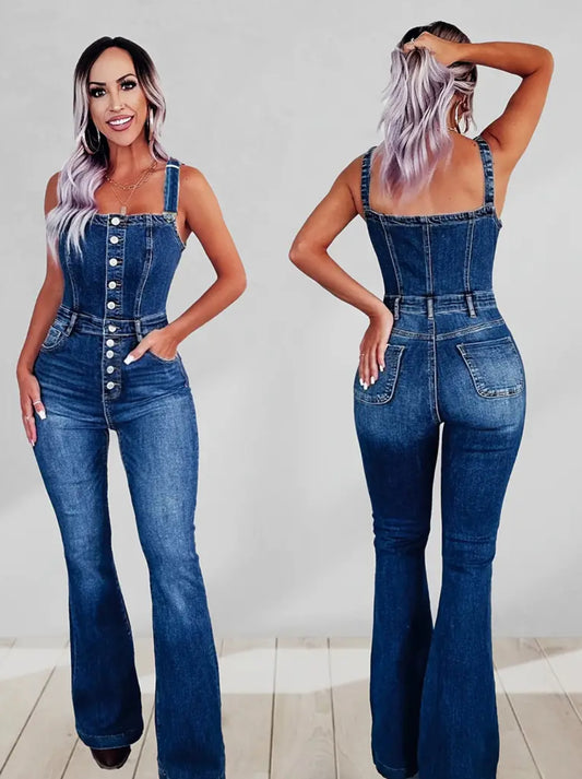 Plus Size Whisker Washed Blue, Flare Leg Distressed Denim Overalls - Single-Breasted 0XL-4XL