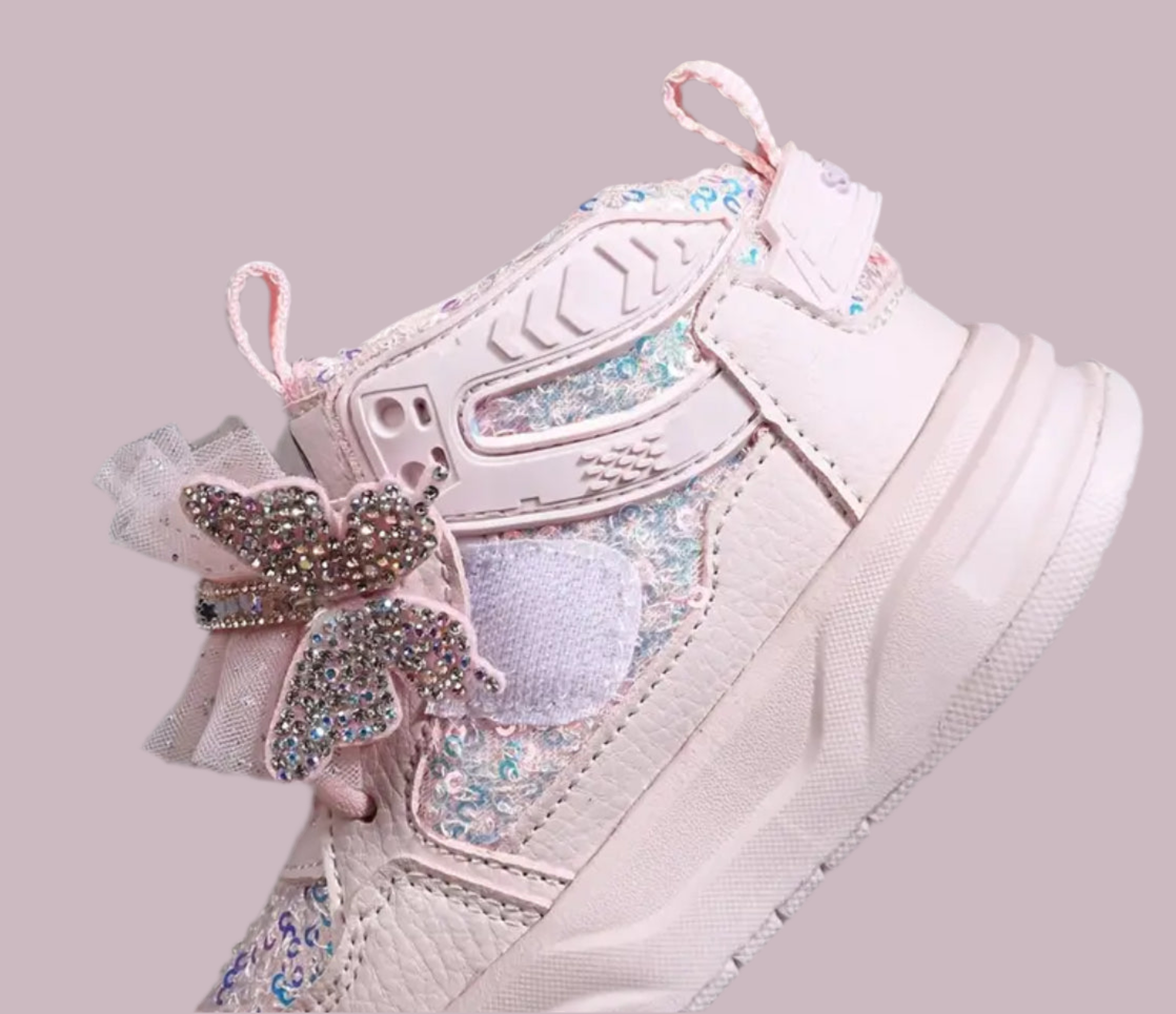 “Sparkling Butterfly Bow & Sequin” Girls' Mid-Top Sneakers