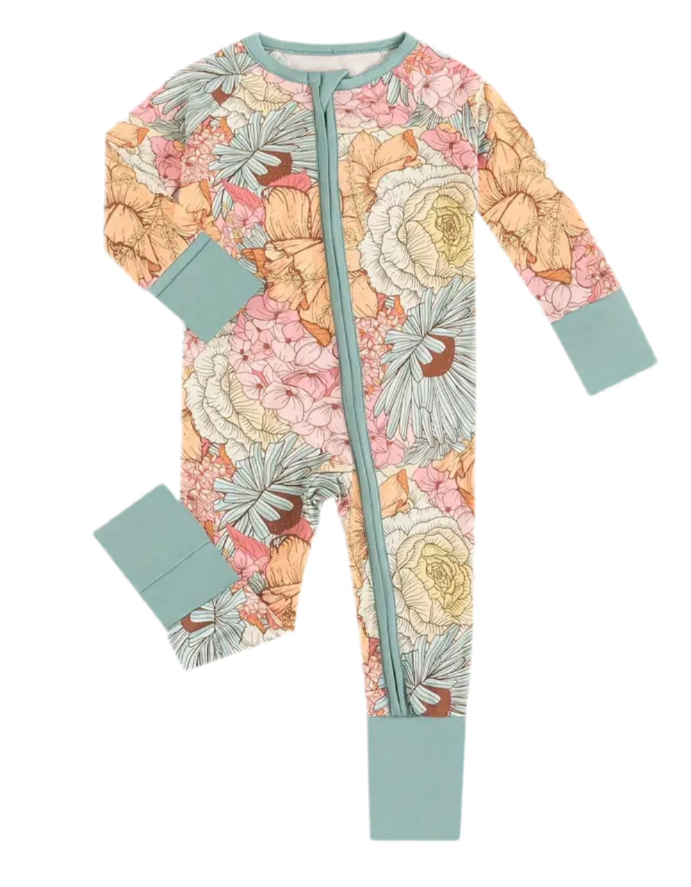 “Gardenia” Baby Bamboo Fabric, Elastic, Infant Long Sleeve Zip Up Bodysuit