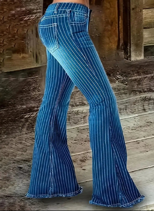 Women's Striped Fringe Flare Jeans Mid-Waist Skinny Fit with Pockets