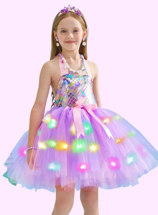 Vestido de sirena con luces LED para niñas y diadema