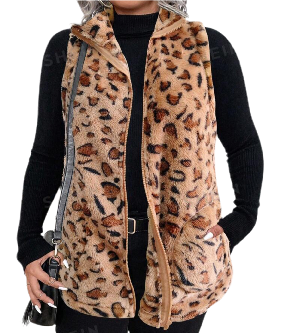 “Chic Leopard” Sleeveless Leopard Faux Fur, Front Zip, Warm