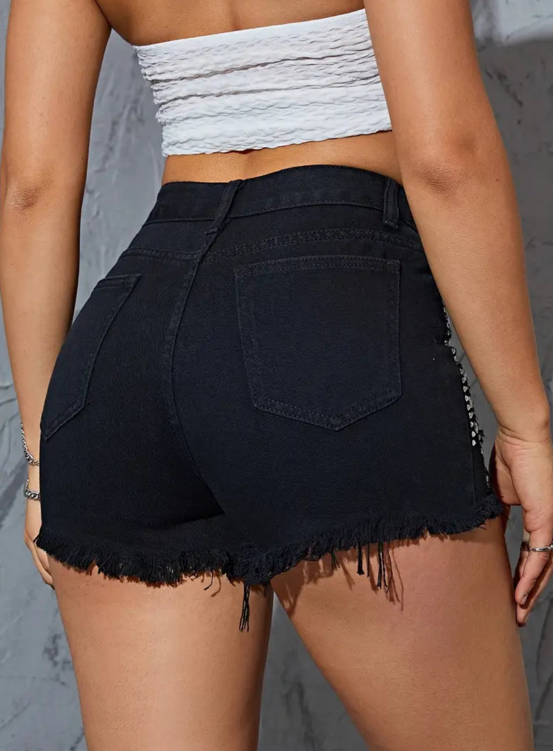 Crystal’s Black Distressed Denim Shorts