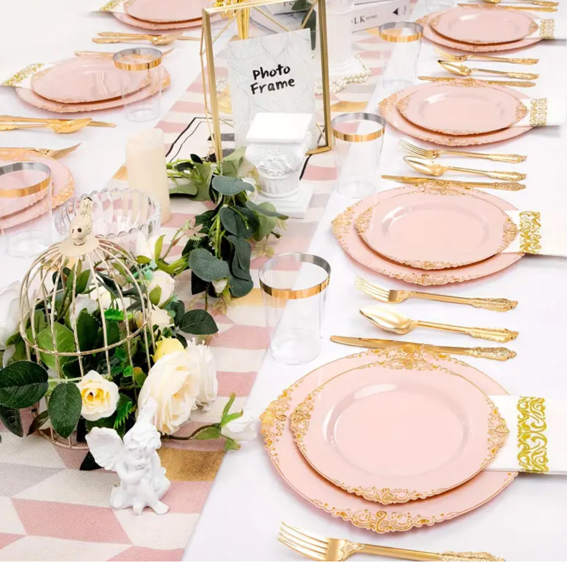 Pretty Pink and Gold Plastic Plates - Plastic Dinnerware Sets for 50 Guests, 350 pcs