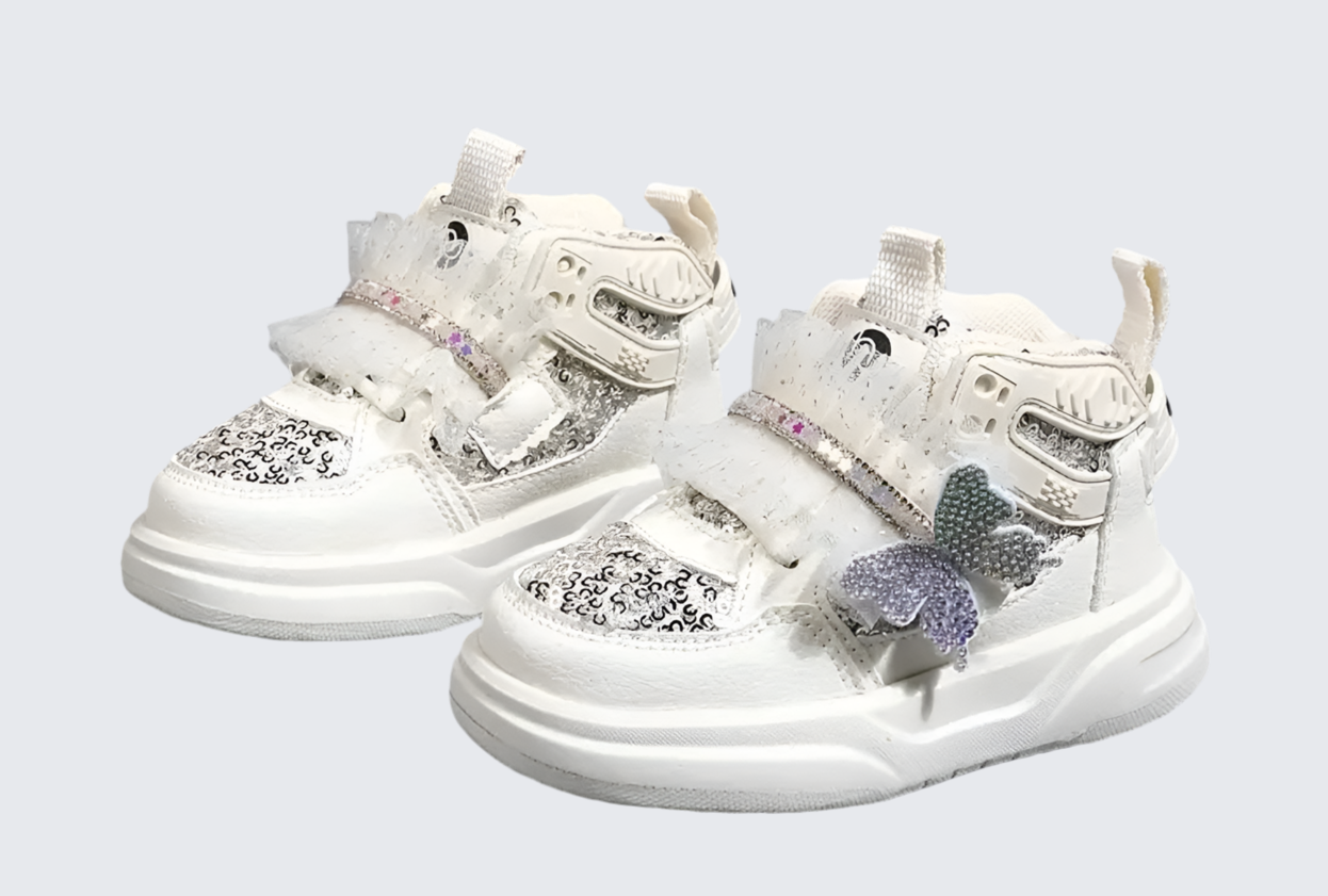 “Sparkling Butterfly Bow & Sequin” Girls' Mid-Top Sneakers