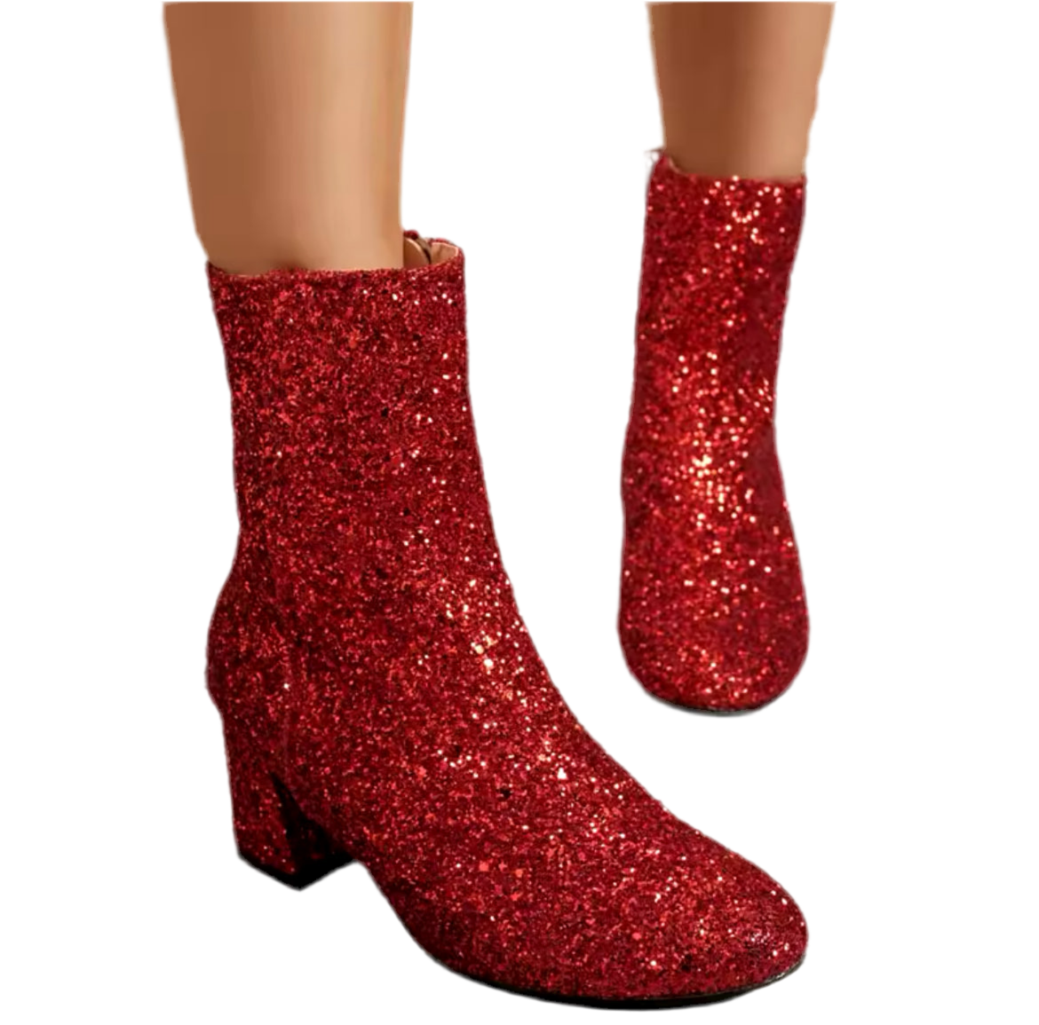 “Beverly Glitter” Round Toe, Chunky Heels Ankle Boots