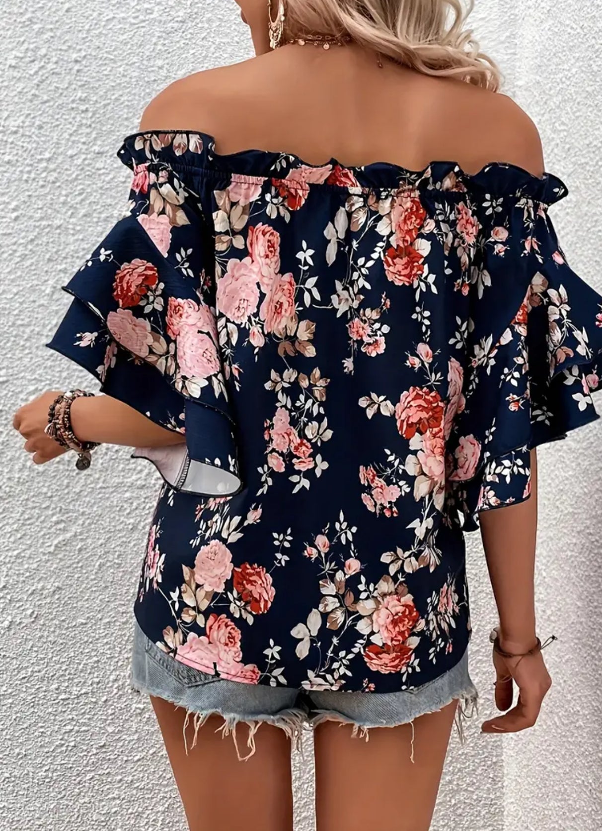 “Dark Blooms” Off Shoulder, Flare Sleeve Ruffle Trim Blouse