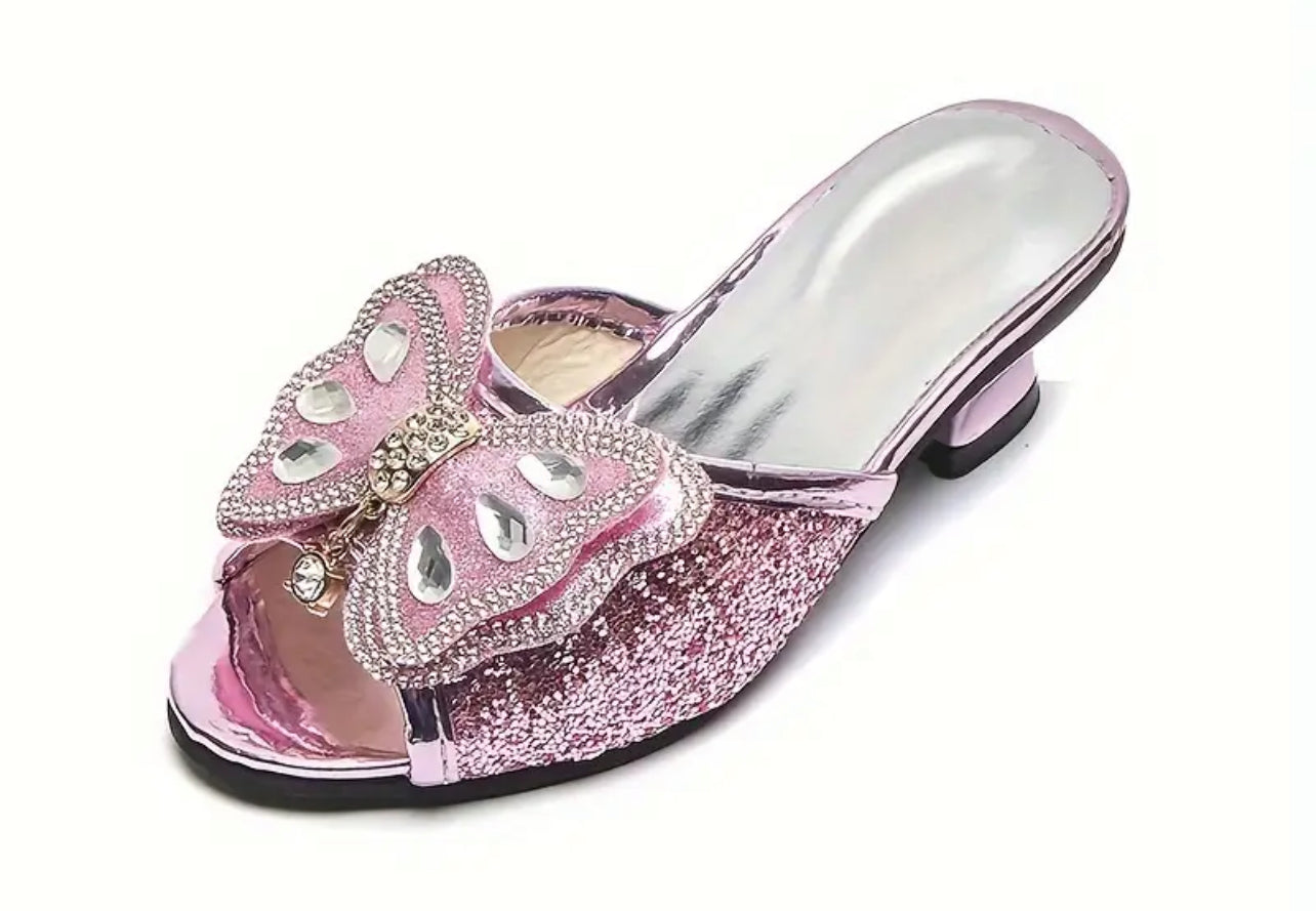 Lindos zapatos de tacón alto sin cordones con mariposas y diamantes de imitación brillantes para niñas