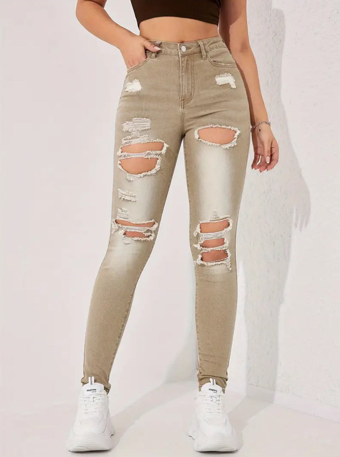 Distressed Ripped Washed Skinny Fit Retro Style Denim Jeans