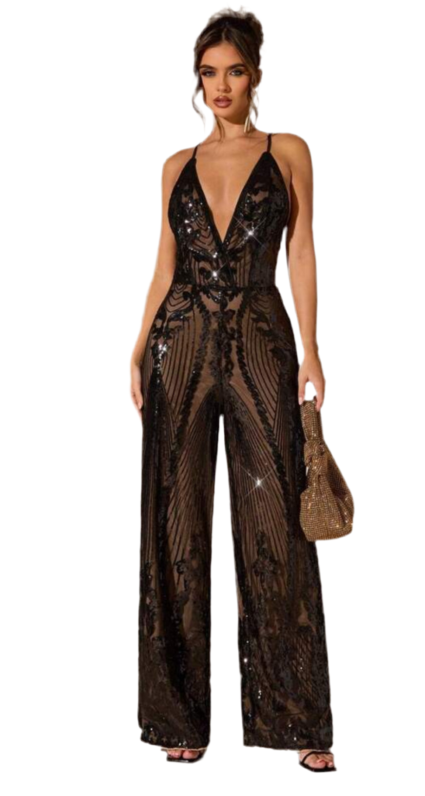 “Genevieve” Crisscross Lace Up Backless Sequin Cami Jumpsuit