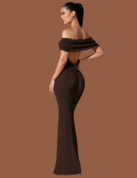 Elegant Fishtail, Backless, Off-Shoulder Sheer, Bodycon Maxi Dress